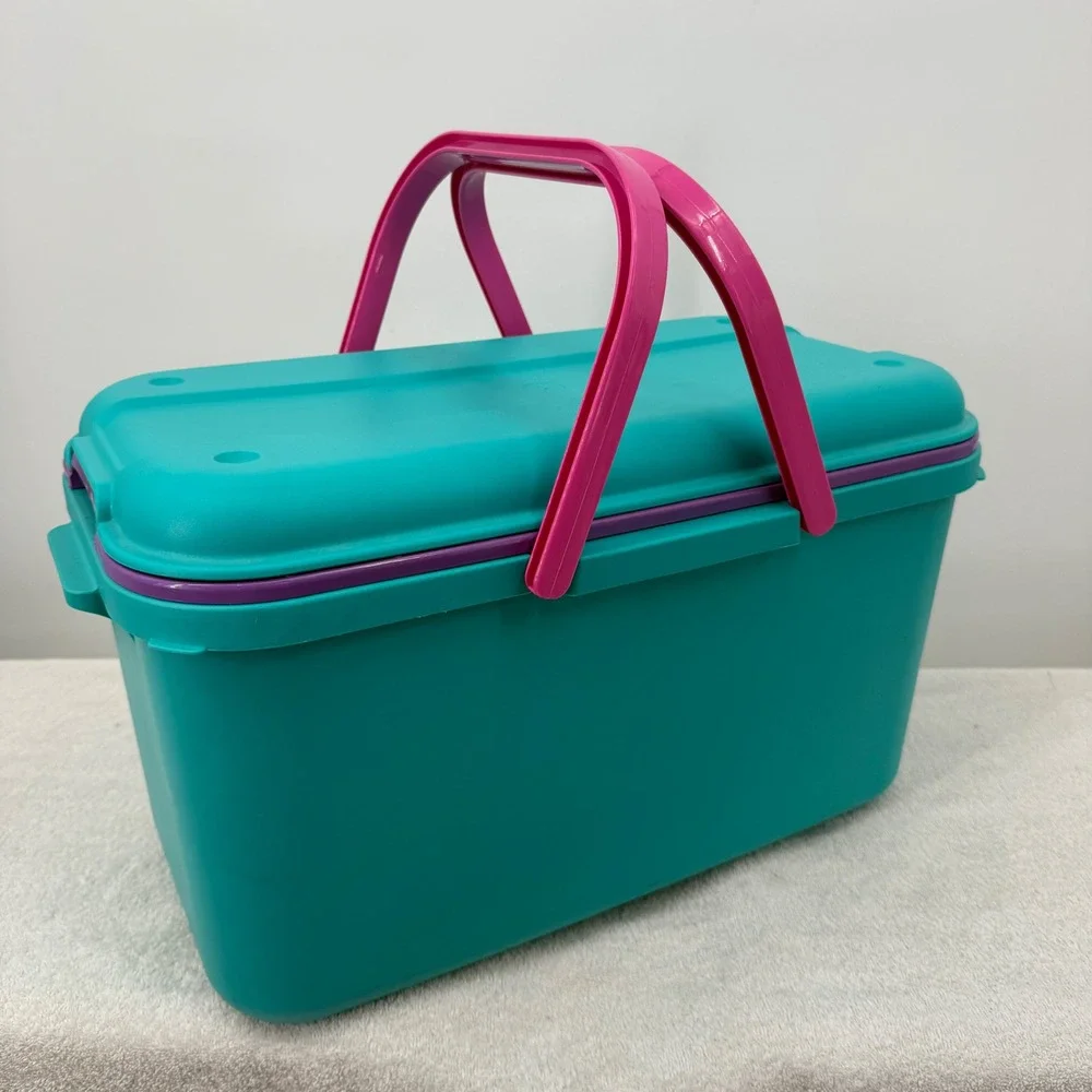 Vtg Eagle CraftStor Sewing Storage Box Teal Pink Purple 90s Retro USA Large 19
